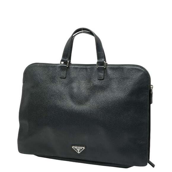 Prada Triangle Logo Plate Handbag/Business Bag in Black Saffiano Leather for ...